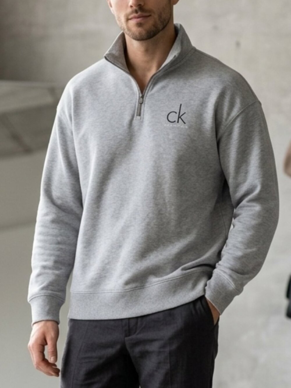 Calvin Klein Grey Quarter-Zip Monogram Logo Terry Pullover Fleece Sweater Sz Lrg